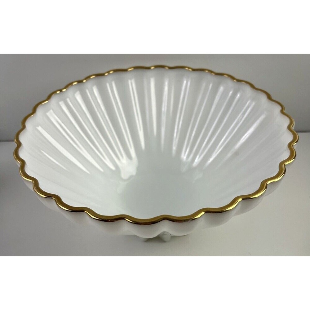 1950's Fire King Milk Glass Gold Trimmed Scalloped Bowl Vintage 11” Wide